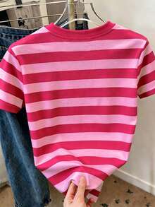 EMERY ROSE Plus Size Women's Striped Crew Neck Casual T-Shirt With All-Over Print - Multicolor - View 2