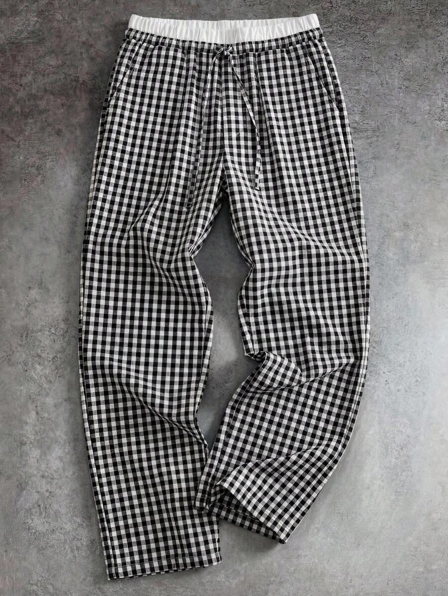 GENTILAND Men's Woven Striped Loose Long Casual Straight Leg Pants, Suitable For Daily Wear - Black - View 1