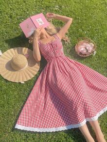 Skyraze Vestido de verano con volantes y corbata de moño a cuadros rojos y blancos - Rojo y blanco - Ver 3