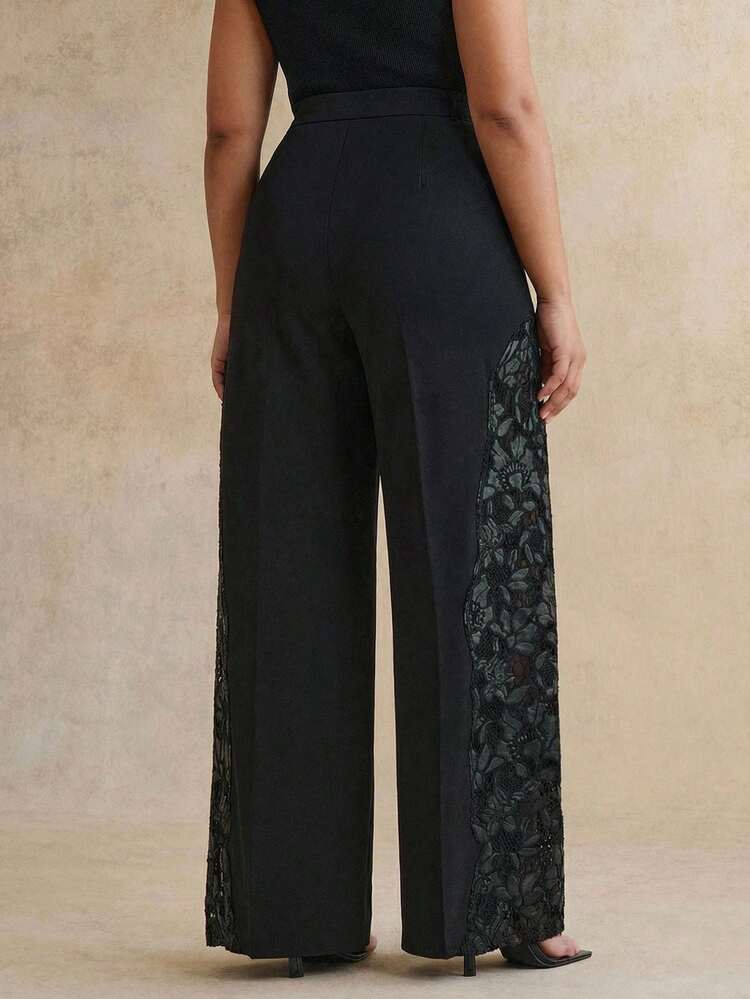 Women's High-End Date/Commute PU Patchwork Embroidered Hollow-Out Plus Size Wide Leg Pants, Spring/Summer