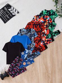 [2 Sets Random] 1 Set Tween Boy Snug Fit Pajamas Round Neck Short Sleeve & Long Pants Multicolor Checkered Cartoon Game Soccer Soft Knit Spring - Multicolor - View 2