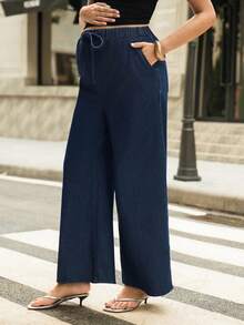 SHEIN Celana Jeans Hamil Kasual Longgar Model Lurus, Biru Tua, Musim Semi/Panas - Navy Blue - View 5