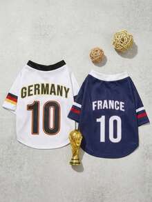 PETSIN 一件春夏休闲宠物足球衫，印有德国国家足球队10号和法国国家足球队10号队标，条纹撞色设计，透气运动面料，触感凉爽，柔软有弹性，适合中性犬猫穿着。 - 彩色 - 查看 4