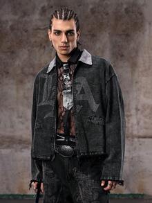 Skyrend Men's Fashionable Distressed Denim Jacket With Rhinestone Letter Print, Casual Streetwear For Daily, Commute Emo Jacket Rhinestone Jacket Vintage Jacket Grunge Jacket Star Jacketemo - Multicolor - View 4