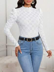 SHEIN Lady Lỗ gắn thêu Lá sen tỉa Áo thun - trắng - Xem 3