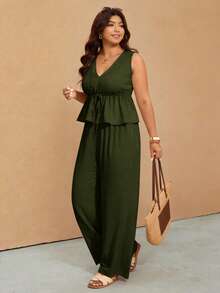 Elaquor Plus Size Summer Casual Solid Color V-Neck Tie-Waist Tank Top And Pants 2-Piece Set - Army Green - View 9