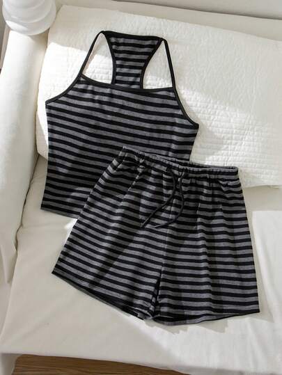 SHEIN Teen GirlStriped Jumpsuit, Black & White Contrast Color, Sleeveless, Casual, Comfortable And Versatile For Home, Vacation Or Daily Wear, Slim Fit Design
