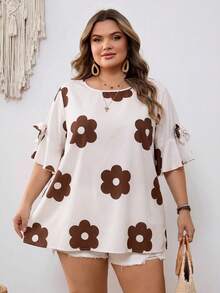SHEIN CURVE+ Curve 尺码 US22 音乐节、海滨度假、波西米亚风女士蝴蝶结装饰圆领紫红色衬衫，夏季 - 彩色 - 查看 5