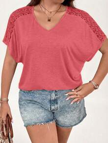 SHEIN LUNE Plus Size Summer Casual Solid Color Lace Patchwork T-Shirt - Watermelon Pink - View 6