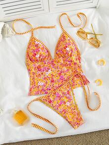 Swim Lushoire Bộ đồ bơi tankini cổ yếm in họa tiết hoa nhí mới về dành cho nữ. - trái cam - Xem 4