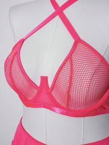 AltCore 3pcs Set: Classic Sheer Lace Deep V Underwire Push-Up Bra & A-Line Mini Skirt Lingerie Set, Sexy Plus Size - Hot Pink - View 7