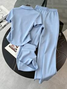 Franclia Embroidered Minimalist Women's Polo Collar T-Shirt + Pants Set, Gift For Friends - Baby Blue - View 2