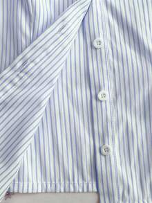 Flirla Áo sơ mi cotton kẻ sọc trắng hồng, cổ bẻ, cài cúc phía trước, thắt eo, tay ngắn dành cho nữ, thích hợp cho mùa xuân/hè, đa năng cho công sở, trường học, lễ tốt nghiệp, hẹn hò, mặc hàng ngày. - Màu xanh lam - Xem 6