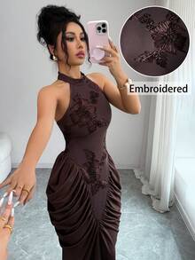 Modelyn Brown Mesh Jacquard Embroidered Backless Ruched Design Dress, Elegant & Fashionable Dresses Brown Dress Halter Neck Dress Elegant Dress Woman Dress Formal Where To Buy Evening Dresses Evening Dresses For Women Latest Dress High Quality Dress Luxury Evening Gown - Brown - View 4