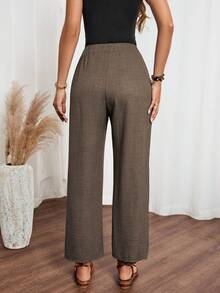 Louniche Women's Denim EffectLinen Floral Trim Side Pants - Coffee Brown - View 2
