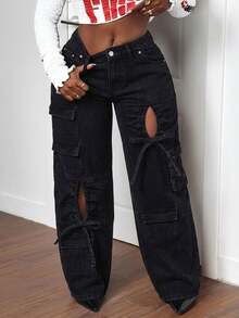 Slaydiva Plus Size Distressed Wide Leg Denim Jeans - Black - View 5