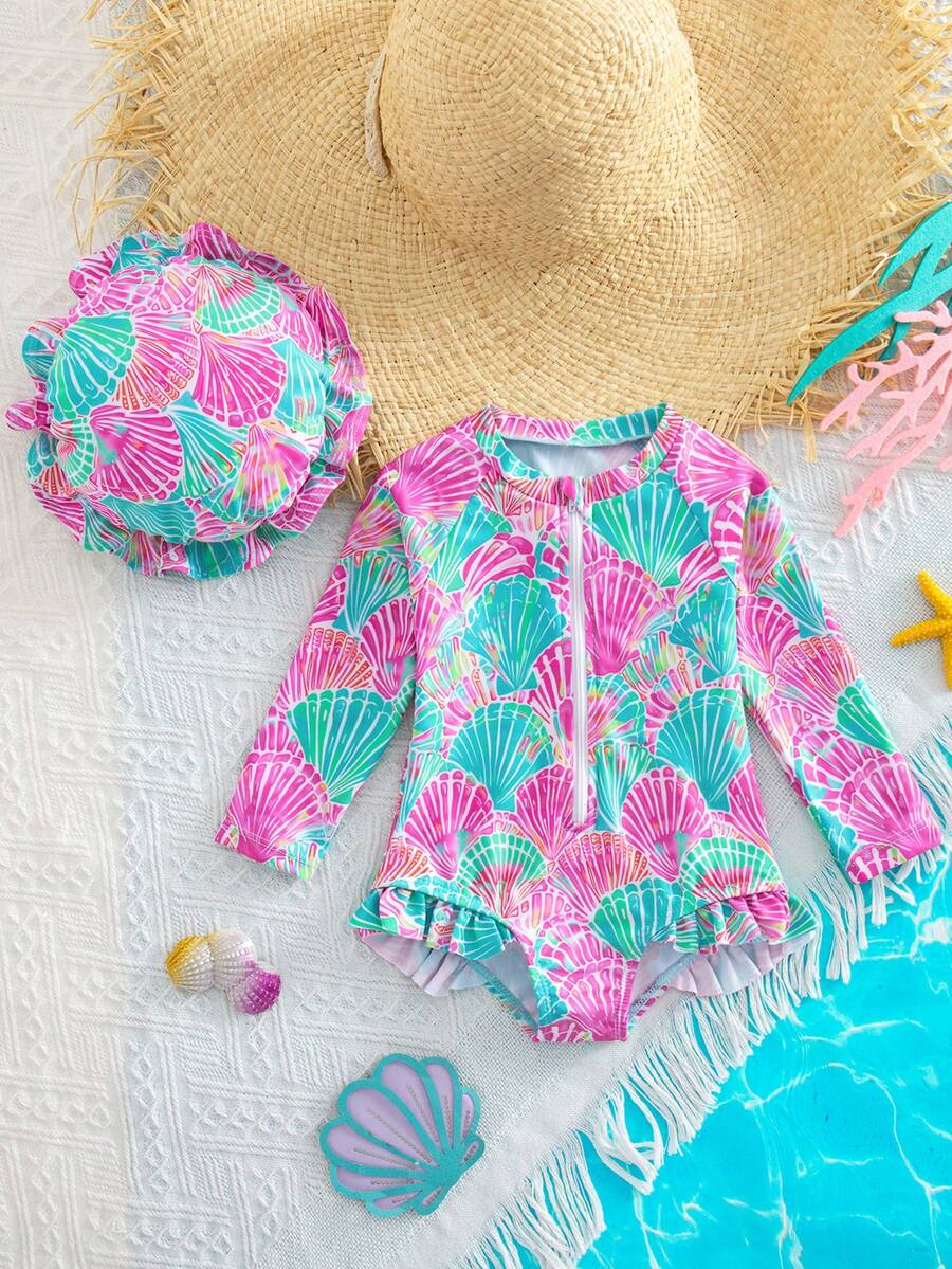 SHEIN Newborn Baby Beach Vacation Style Bow Striped Print Half Zip Front Ruffle Hem One-Piece Swimsuit With Swim Cap - Blue - View 1