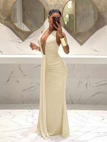 Slaydiva 2025新款优雅深V领美人鱼连衣裙，适合派对、生日、酒吧、夜店、情人节、万圣节、圣诞节等场合 - 棕色 - 杏色 - 查看 3