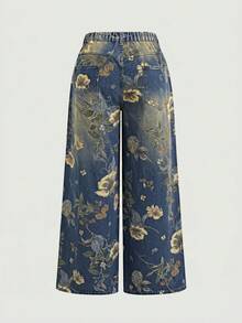 SHEIN MOD Plus Size Women Floral Print Distressed Wide Leg Jeans - Medium Wash - View 2