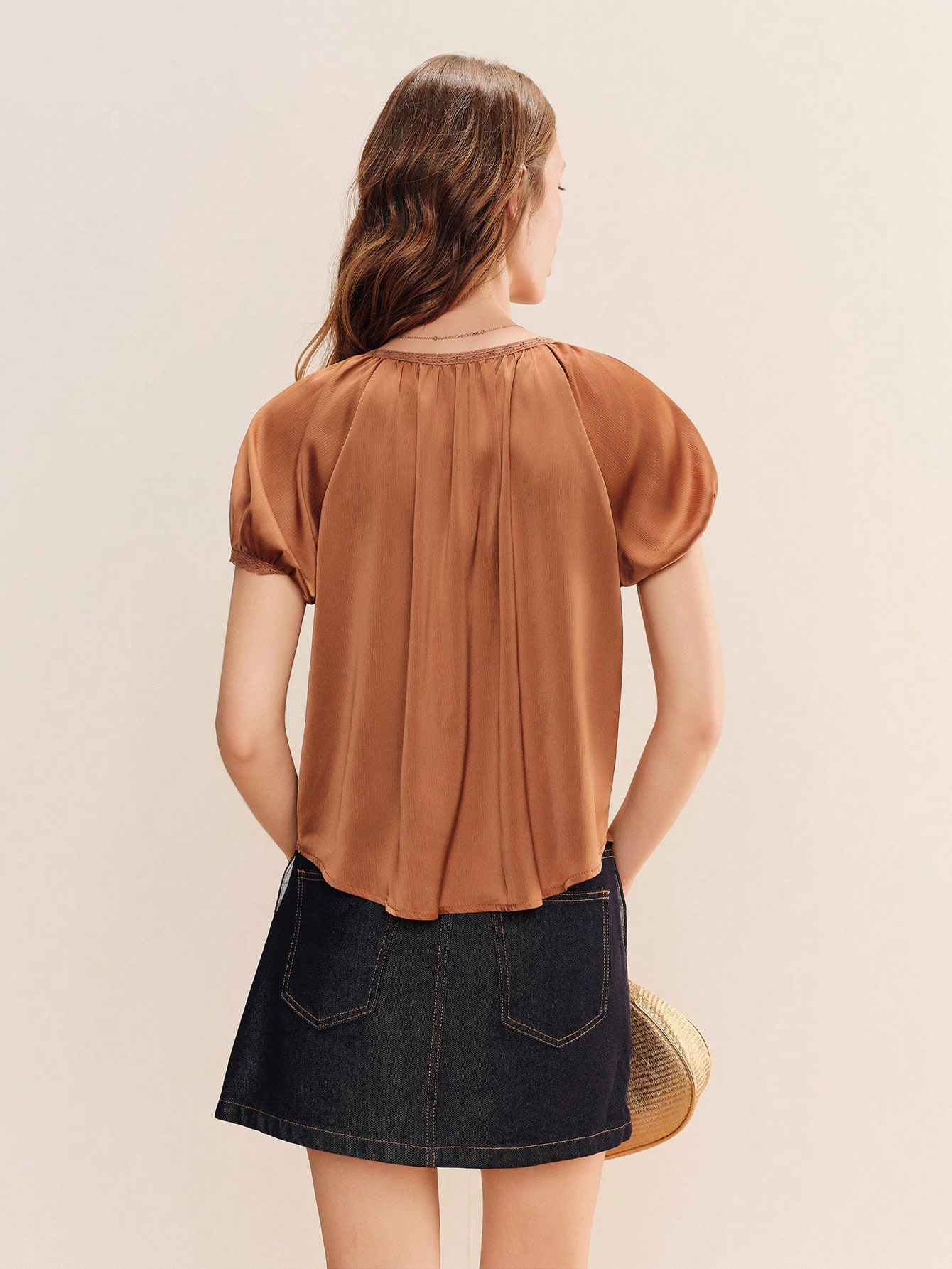 Light Brown Relaxed Blouse In Satin Crepe With Short Sleeves And Lace Details Chic Style Satin Loose Fit Top Work Top Summer Holiday Top French Style Top