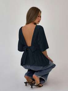 Aloruh Women's Elegant Round Neck Backless Bow Decor Fitted Blouse, Milky White - Navy Blue - View 7