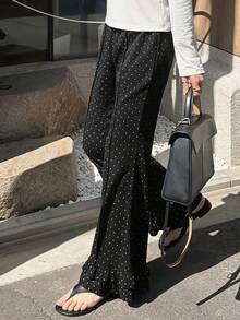 FRIFUL Women's Fashionable Versatile Polka Dot Print Ruffle Hem Casual Pants - Black - View 5