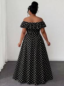 Maweii Maxikleid für Damen in Große Größen aus leichtem, fließendem Stoff mit Schwarz-Weiß Polka Punkt Muster, Carmen-Ausschnitt und Rüschensaum. Mit Taillenschleife und lang geschnittenen, weiten Rock. Geeignet für modische Casual-Anlässe, romantische Dates, Valentinstag Nachmittagstee, Abschlussfeiern, Reisen, städtische Ausflüge, romantische Hochzeitssaison und elegante Gästegarderobe: Graziöse Kleidung, minimalistische Mode für Große Größen - Verschiedenfarbig - Übersicht 2