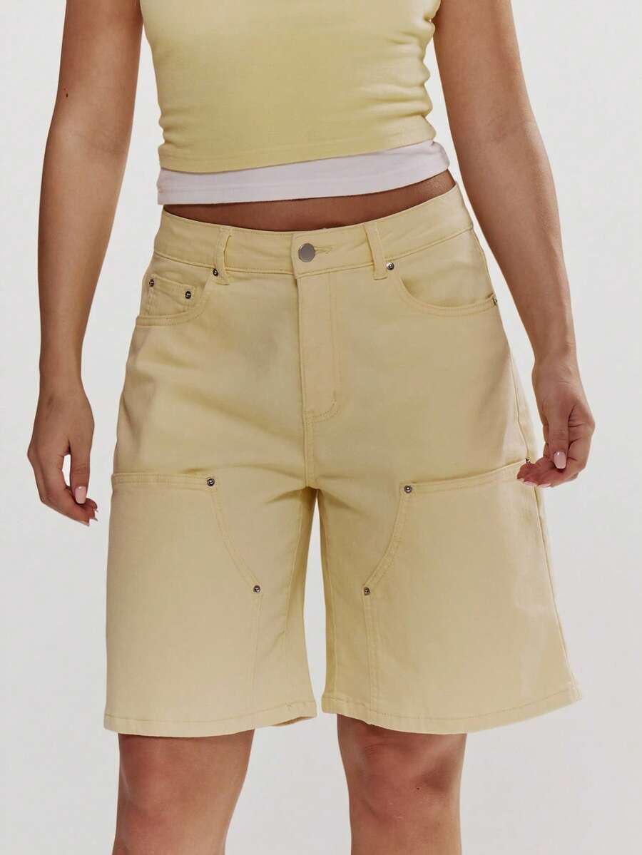 MUSERA Quần short denim ống rộng cạp trung màu pastel, thích hợp cho mùa xuân hè, dễ thương, nữ tính, đi nghỉ mát, đi biển, mặc hàng ngày, màu kem sorbet. - Màu vàng ngỗng - Xem 1