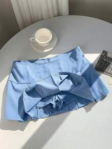 SHEIN EZwear Summer Wide Waistband Fold Pleated Detail Skirt - Blue - View 5