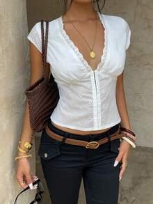 Aloruh Women's Deep V-Neck White Eyelet Embroidery Button-Up Shirt, Spring/Summer - White - View 5