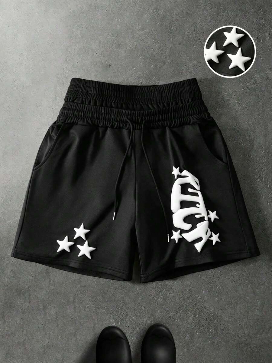 Manfinity Roghcode Men's Letter & Pentagram Embossed Drawstring Waist Pocket Shorts - Black - View 1