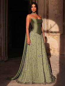 Glamrae Petite Vestido de Festa Formal Elegante Feminino com Lantejoulas e Recortes (Muito Ornamentado) - Verde - Visão 8