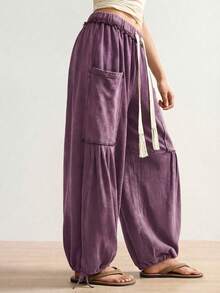 Bohemela Pantalones casuales sueltos de talla grande con bolsillos grandes y cintura con cordón - Morado - Ver 6