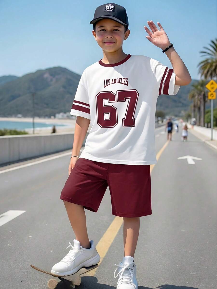 SHEIN 2件套男童休闲简约运动风数字67经典撞色圆领短袖T恤短裤套装,适合夏季、街头摄影、日常穿着、外出、居家、度假、春夏时尚、夏季穿搭、轻松舒适、儿童叠穿、时尚童装、休闲装、儿童图案T恤、返校季、春夏服装 - 彩色 - 查看 1