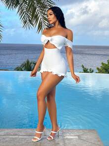 SHEIN SXY Mùa hè Kỳ nghỉ Ngày lễ bờ biển Off Shoulder Mặt trước Buộc Bowknot Ống tay áo Xù Hoa Sen Của phụ nữ Romper - trắng - Xem 5
