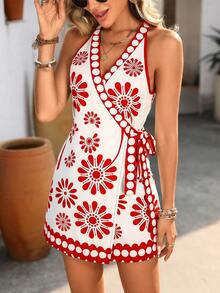 Swim Vcay Đầm kimono mùa hè dành cho nữ, in họa tiết hoa Dopamine, kiểu dáng thắt eo phía trước, thích hợp cho kỳ nghỉ. - Đỏ - Xem 3