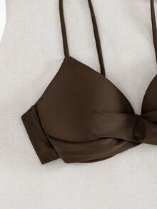 Swim Basics Atasan Bikini Wanita Musim Panas untuk Pantai, Warna Polos, Model Silang dengan Kawat Penyangga - Chocolate Brown - View 4