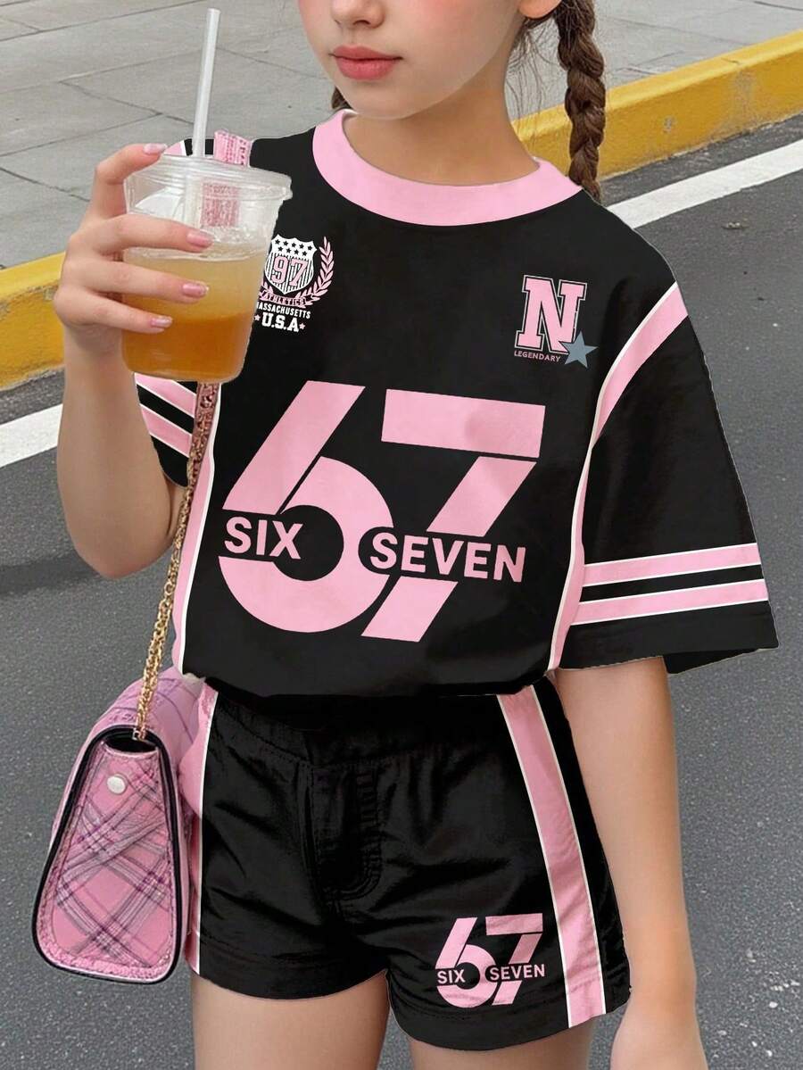 2pcs Tween Girls Casual Minimalist Digit 67 Print Short Sleeve Top And Shorts Set, Suitable For Summer - Multicolor - View 1