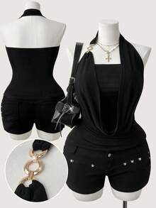 Sunspun Plus Size Draped Neck Loose Elegant Stretchy Top, Suitable For Vacation, Dating, Party - Black - View 1