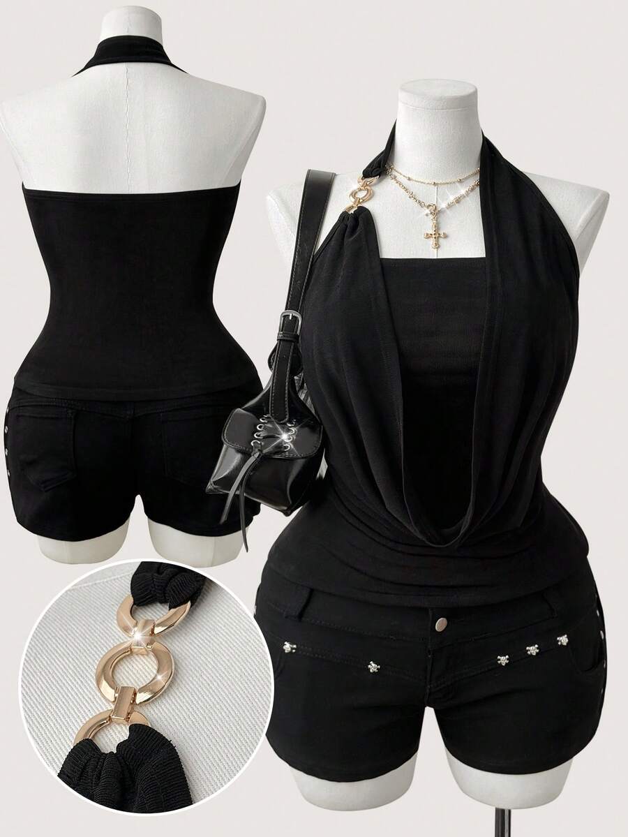 Sunspun Plus Size Draped Neck Loose Elegant Stretchy Top, Suitable For Vacation, Dating, Party - Black - View 1