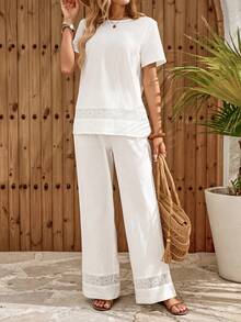 EMERY ROSE Women's Lace Patchwork Cotton Camisole And Pants 2 Pieces Set, Spring/Summer,Summer Outfits For Women - White - View 5
