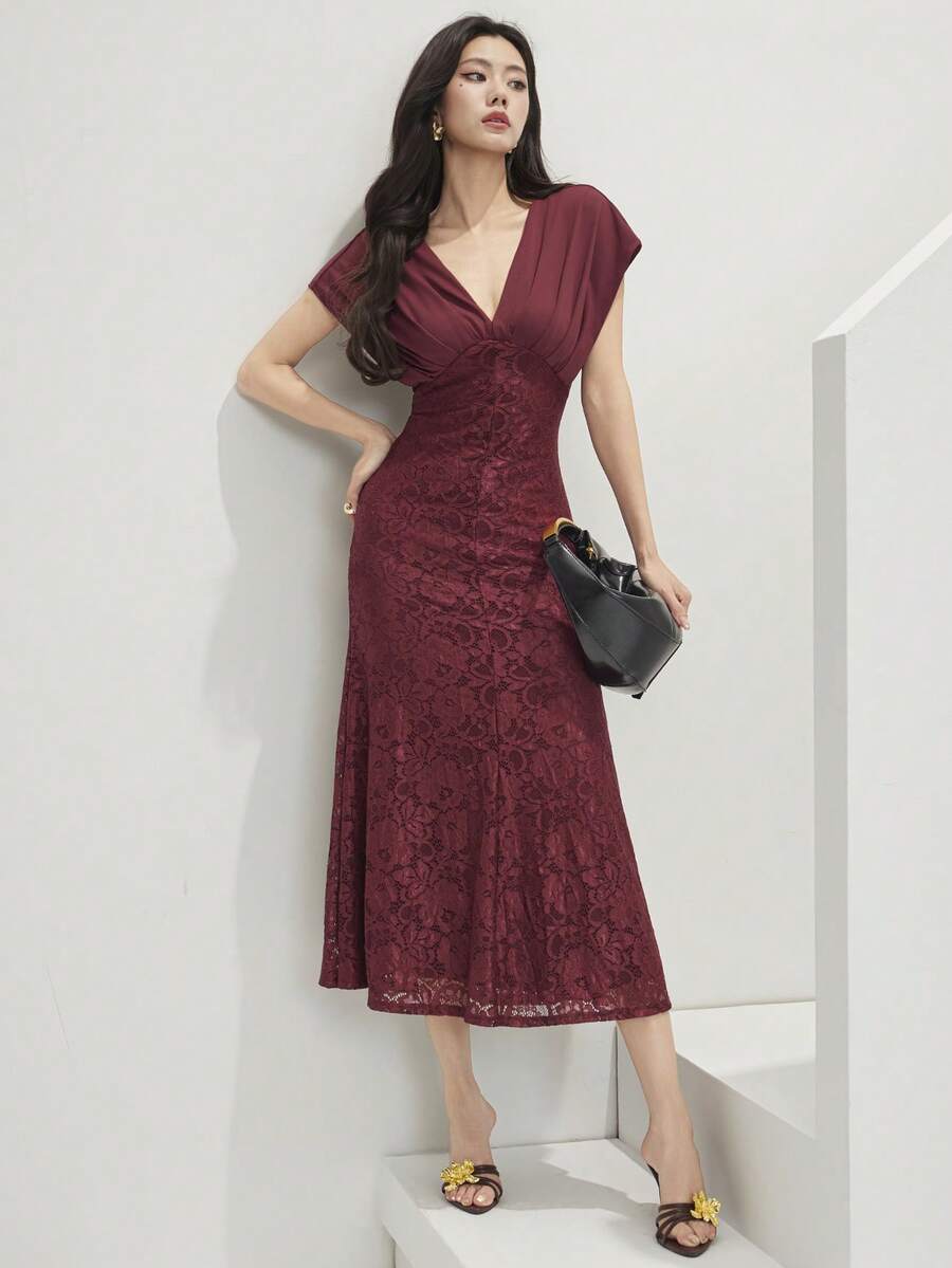 Heiryn Đầm ren phối ren cổ chữ V thanh lịch dành cho nữ - Màu Đỏ Sâu - Xem 1