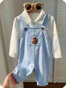 SHEIN Bộ yếm ăn cho bé trai kiểu dáng thường ngày, dễ thương, đa năng, họa tiết gấu hoạt hình kẻ sọc. - Màu xanh lam - Xem 3
