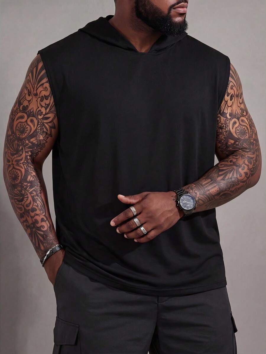 Manfinity Homme Men Plus Solid Plain Hooded Sleeveless Tank Top, For Going Out - Black - View 1