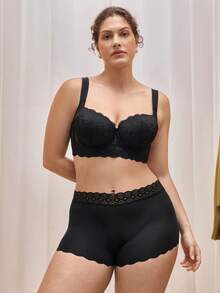 Bralution 1pc Plus Size Women Seamless Lace Trim Brief Underwear - Black - View 7