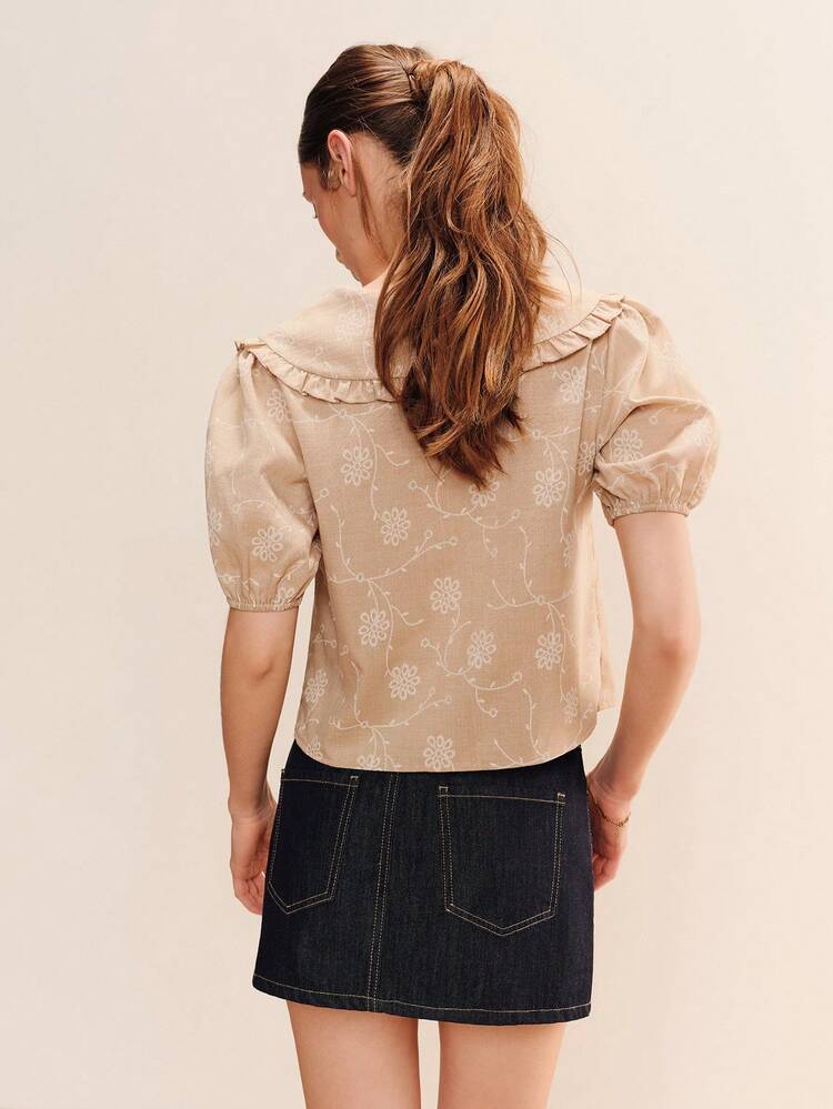Beige Floral Blouse With Ruffled Peter Pan Collar And Short Puff Sleeves In Linen Tone Oversized Collar Top Vinatge Top Spring Summer Holiday Top Preppy Top French Style Top