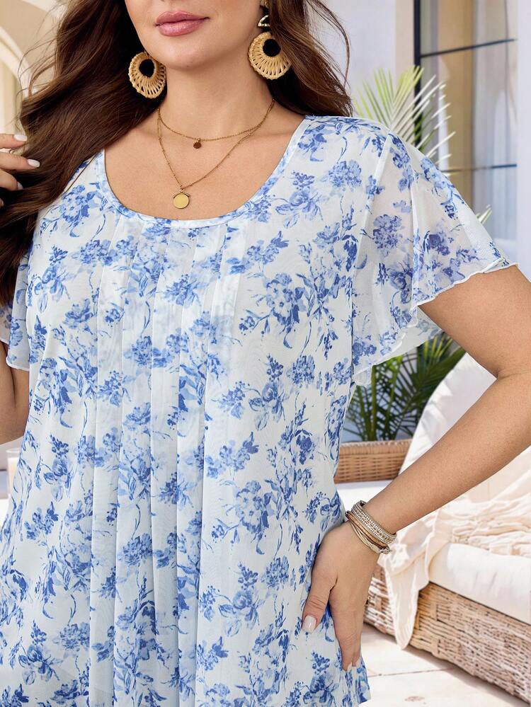 Plus Size Women's Summer Casual Vacation Country Short Sleeve Ditsy Floral Print Shirt Tunic Blouse,Suitable For Summer Vacation,Casual Holiday Style,Summer Outfits For Women ,Vacation Outfits Women ,Holiday Outfits For Women,Going Out Outfits, New Clothes,Simple And Fashionable For Everyday Wear,Suitable For Summer, Vacation, Daily Wear, Festival Outfits For Women,Country Concert Outfit,Beach Outfits For Women,Western Style,Gifts For Mother,Boho Top,Flower Blouse Top Shirt