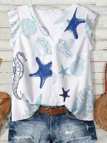 EMERY ROSE Plus Size Women Spring/Summer Ocean Element Print Cap Sleeve Casual Vacation Shirt - Blue and White - View 7