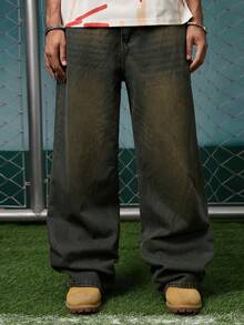 1pc Men's Fashionable Loose Vintage Washed Wide-Leg Casual Jeans (No Belt Or Accessories) - Bronze - View 1