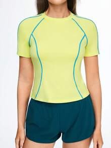 WanderVale Áo nữ tay ngắn màu xanh lá cây dáng ôm, thiết kế sọc tương phản, đa năng, phong cách thường ngày. - màu xanh lá - Xem 6